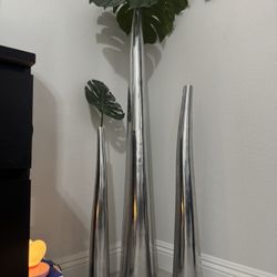 3 Long Silver Vases 