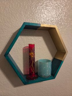 Set of 3 Hexagon Wood Wall Shelf Teal and Gold