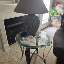 Glass And Metal Side Table And Table Lamp