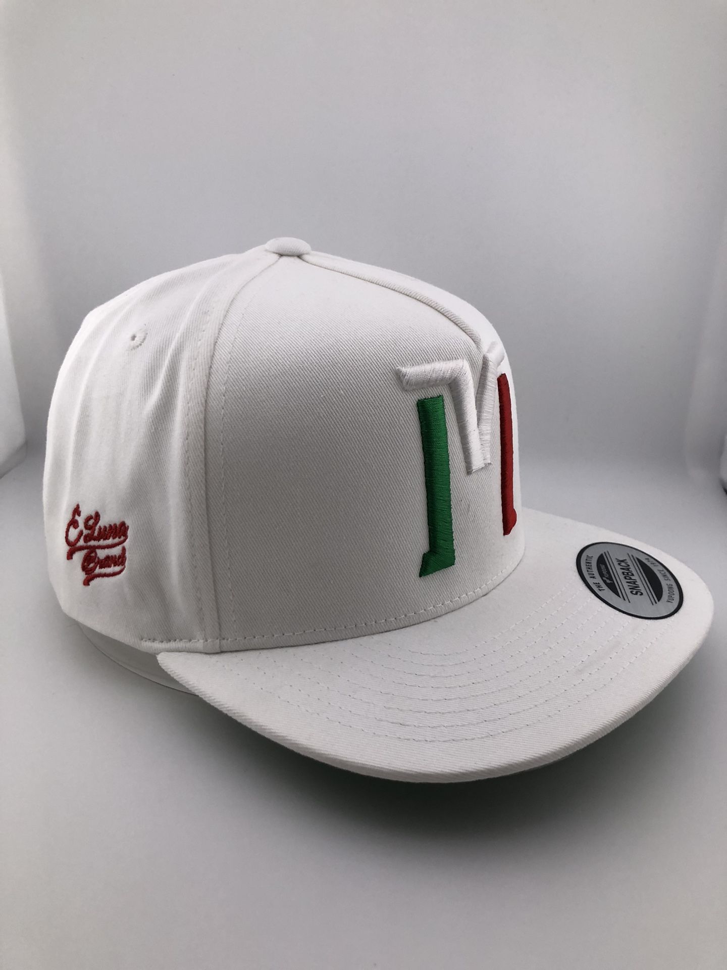 “M” Flat Bill Cap | E Luna Brand PREMIUM | 4 Green, White, Red Thread Logos | 3D Puff Edition