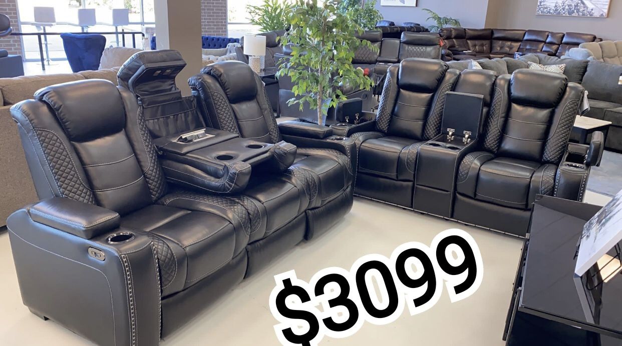 Same Day Delivery Ashley Party time Power Black Sofa and Loveseat LED and USB Financing