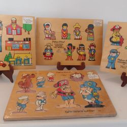 4 VINTAGE FISHER-PRICE WOOD PUZZLES