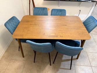 Brand New Dining Table Set for 6 – Solid Wood Walnut Table + Blue Velvet Chairs