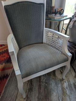 White Cane Armchair with Gray Upholstery