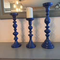 Set Of Three Blue Pillar Candle Holders 