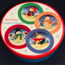 NEW Santa’s Workbench Happy Snowmen 8” Dessert Plates Set of 4