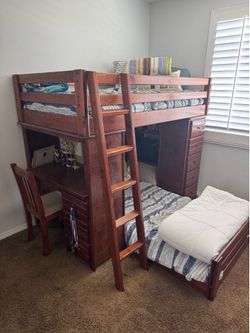 Bunk bed with mattresses desk and chair