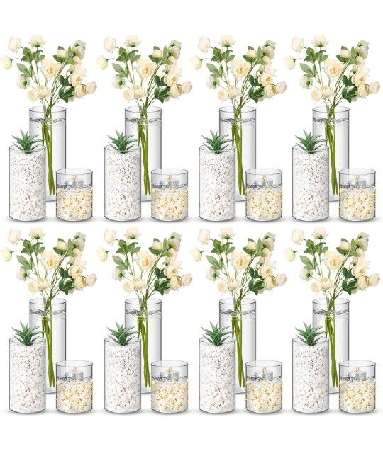 24 Pcs Plastic Cylinder Vases Tall Clear Flower Vases for Centerpieces Hurricane Candle Holder for Home Wedding Office Party Formal Dinners