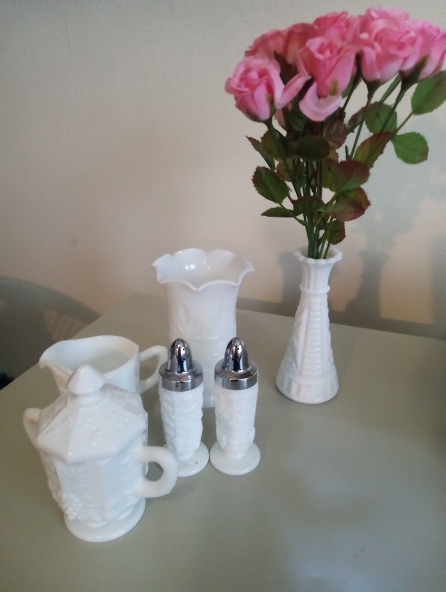 Several Piece Set Milk Glass W/ Floral