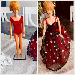 RARE FIND! Vintage 1962 Midge Barbie Doll Bubblecut Ginger w Red One-Piece - Stand & Hand Sewn Gown