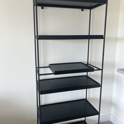 Bookcase With 5 Stationary and 1 Sliding Shelves Etagere in Black - Excellent Condition- 32” x 16”
