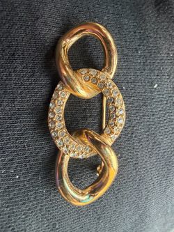 Vintage Christian Dior Gold Tone Rhinestone Interlocking Link Brooch Pin Signed “Chr. Dior”