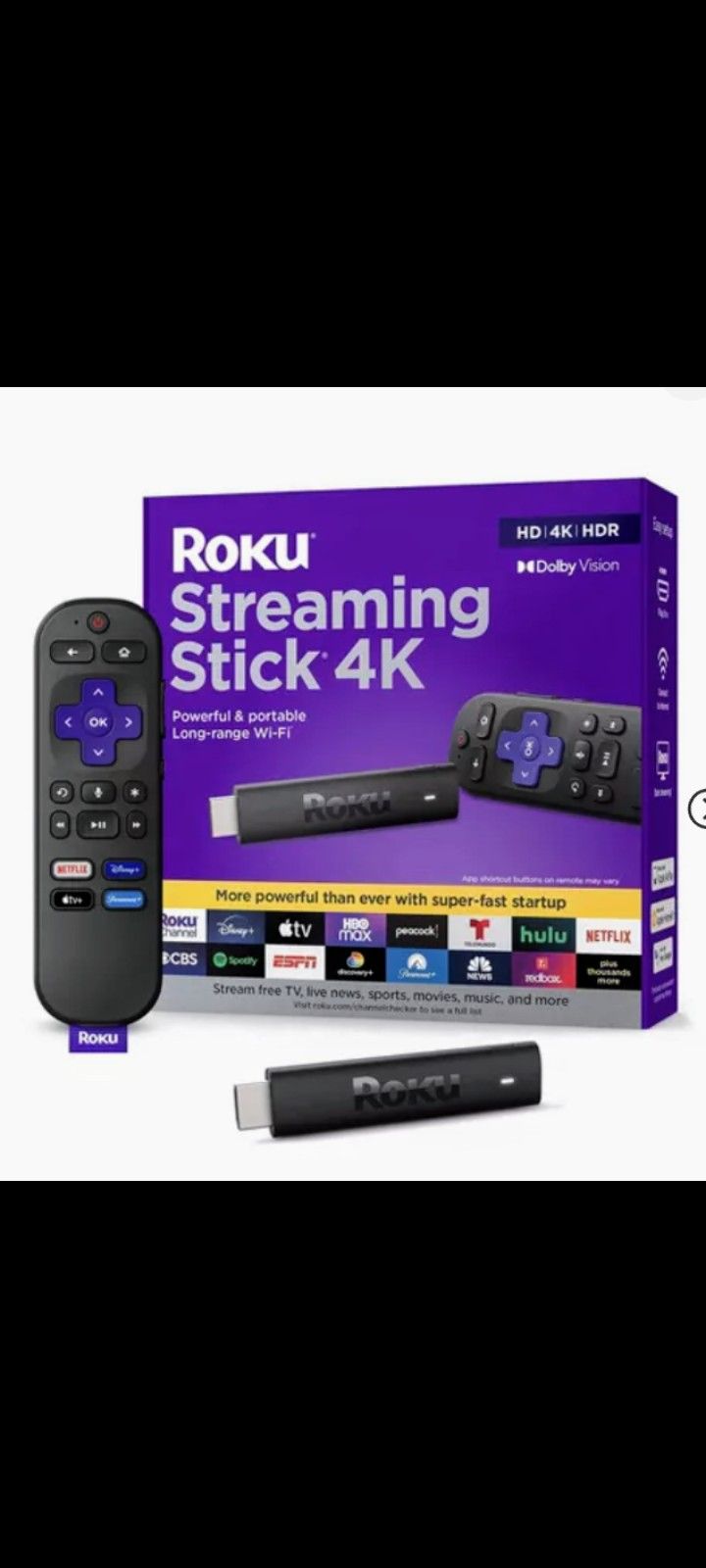 Roku Streaming Stick 4K Streaming Device 4K/HDR/Dolby Vision with Voice Remote with TV Controls