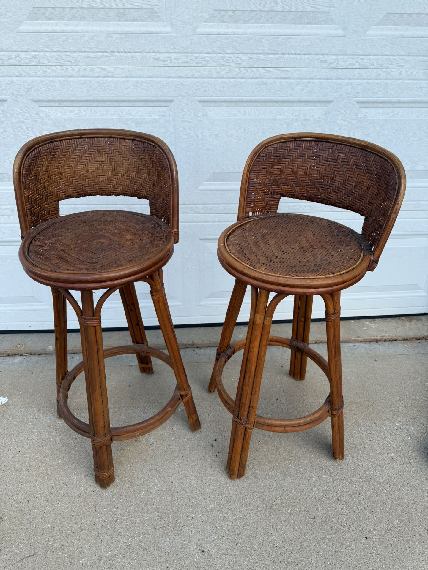 Vintage Coastal Woven Rattan Bar Stools Set Of 2