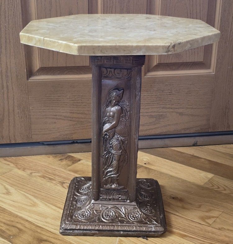 1970s Carter/Glenn Antique Bronze Beige Stone Octagon Top End Table Plant Stand