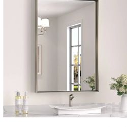 Keonjinn 24 x 36 In Brushed Nickel Bathroom Mirror, Rectangular Metal Framed Wall Vanity Mirror for Over Sink Square Corner Aluminum Alloy Modern Farm