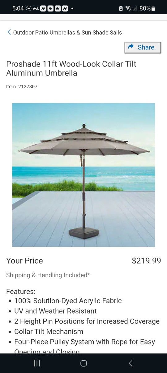 Proshade 11ft Wood-Look Collar Tilt Aluminum Umbrella $160