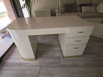 Solid Wood Modern Cream Desk with Gold Accents – 3 Drawers