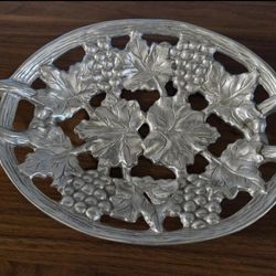 Silver Metal Decorative Grape Vine Leaf Pierced Serving Tray with Handles
