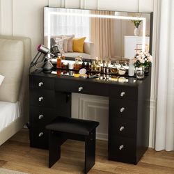 Vanity with Lighted Mirror - Glass Top Makeup Desk with Power Outlet and 9 Drawers, 3 Color Lighting Modes Adjustable Brightness, 43" Vanity Desk with