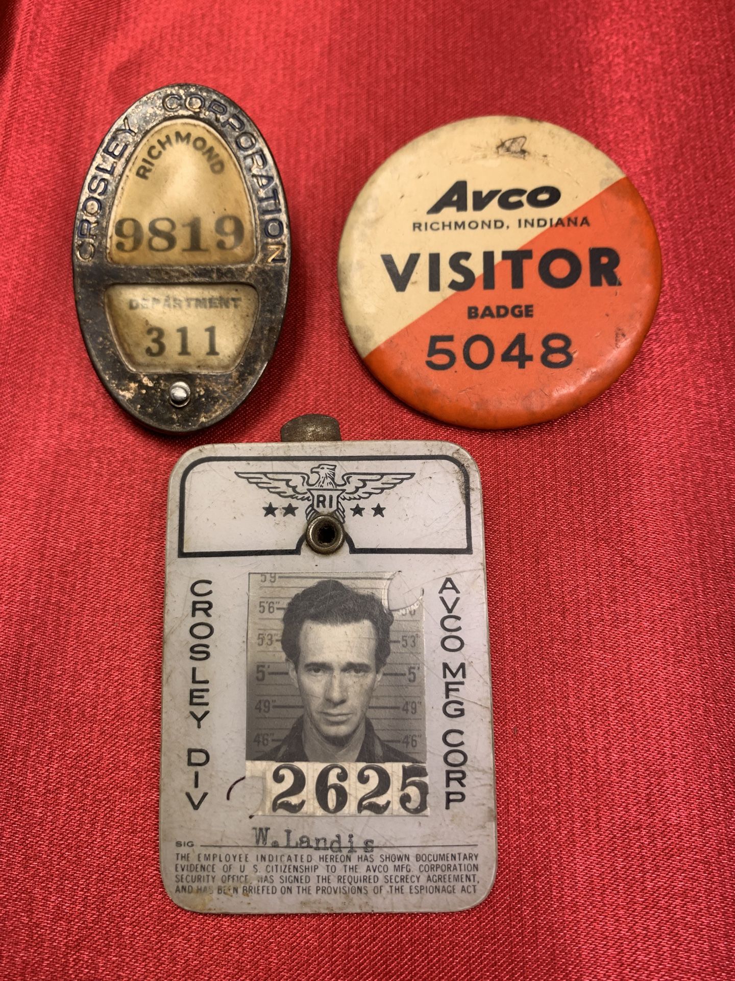 3 WWII Crosley Avco Mfg Pin Factory Employee Badge Visitor Button Richmond,Ind.