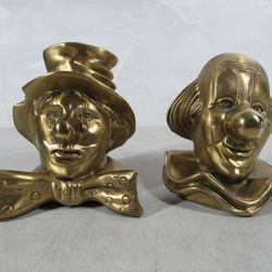 Circus Clowns Mid-Century PM Craftsman Heavy Brass Bookends Pair
