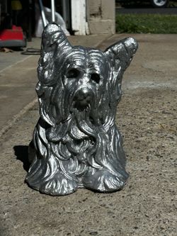 Large Heavy Concrete Terrier Dog Statue Silver Garden Decor Yorkshire 11”