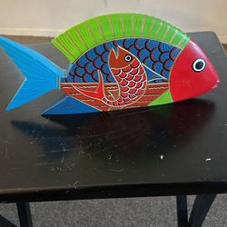 Oaxacan Hand Carved Painted Fish w/Deer Design Mexican Wood 12 Inches Wide