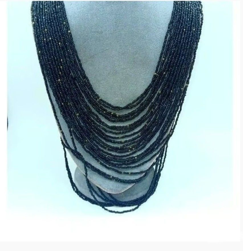 Large Vintage Black Glass Beads Necklace Antique Indian Hook Clasp $15 Each