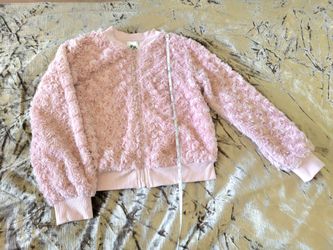 Lily Bleu Girls Pink Rosette Faux Fur Bomber Jacket Soft Cozy Size M 10/12