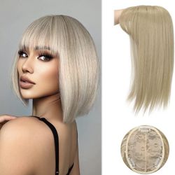Human hair blend ash golded blonde natural straight top topper hair extension.