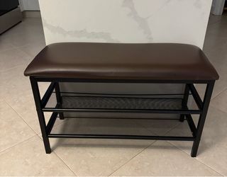 Brown Leather Bench with Two Shelves