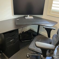 IKEA Galant L-Shape Office Desk with File Cabinet, Hopen (4) Drawer Chest, Adjustable Office Chair and Large Room Floor Mat (MONITOR NOT INCLUDED)