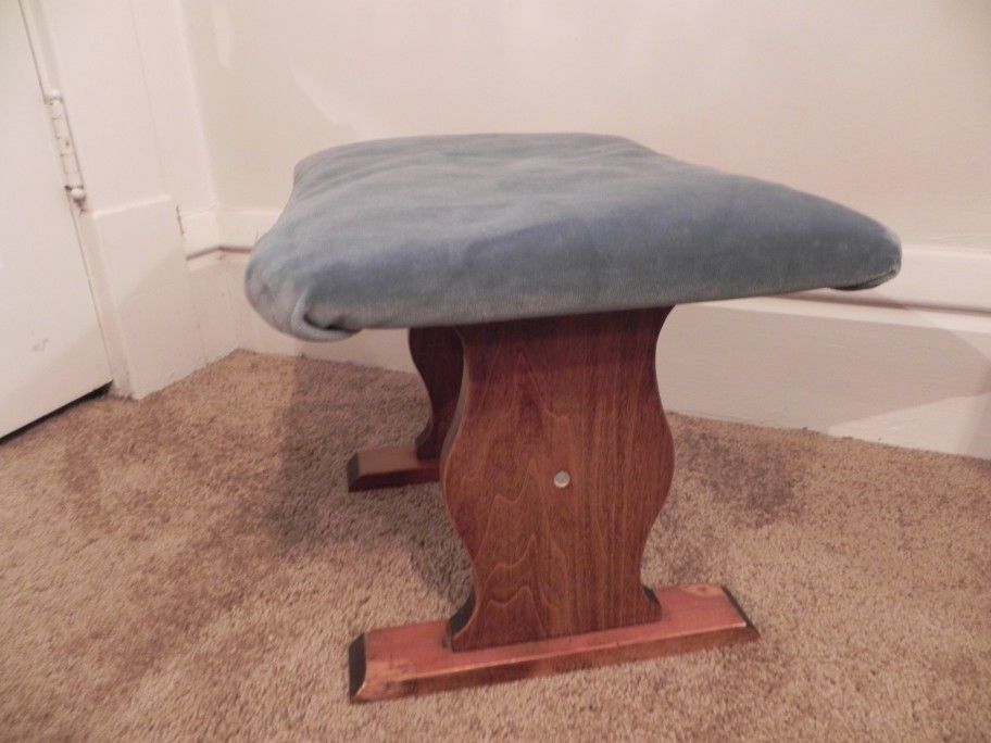 Vintage Handmade Wooden Foot Stool, Aqua Colored Fabric Top
