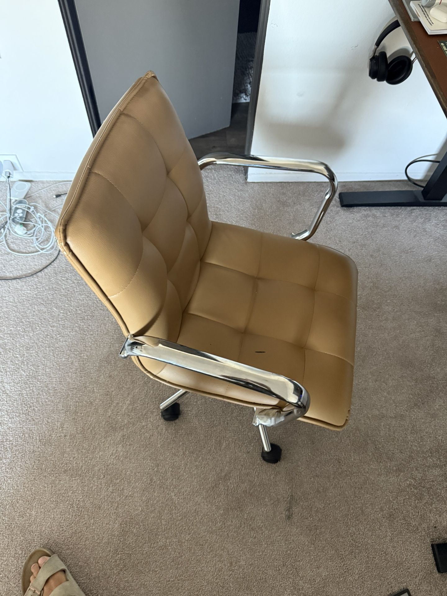 Tan Office Chair with Chrome Arms & Wheels