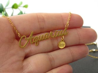 12 Constellation Zodiac Old English Letter Sign Pendant Necklace, Aquarius