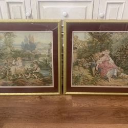 Set of 2 vintage framed French tapestries 26” x 26”