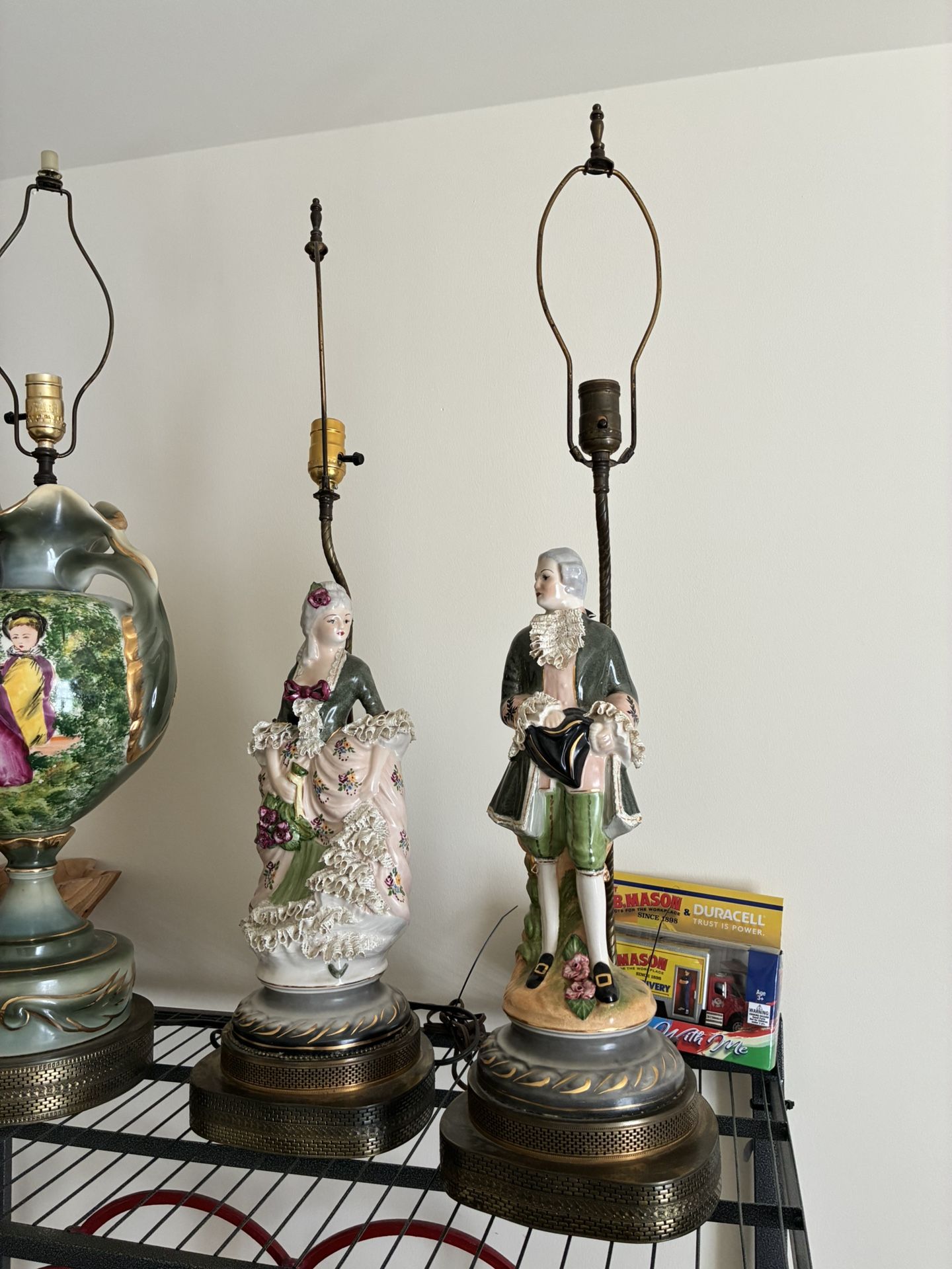 Qty 2 Antique 33” Victorian Lamps Lights Porcelain Brass