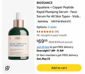 Biossance Squalane + Copper Peptide Rapid Plumping Serum - Face Serum for All Skin Types - Visibly Plumping + Firming Skin, Fine Lines + Wrinkles, Veg