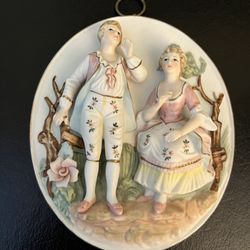 Vintage Porcelain Wall Plaque Of Victorian-Style Courting Couple 