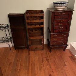 Various Hardwood Furniture : Dressers, Armoire, Wine Shelve, bathroom storage cabinet. 