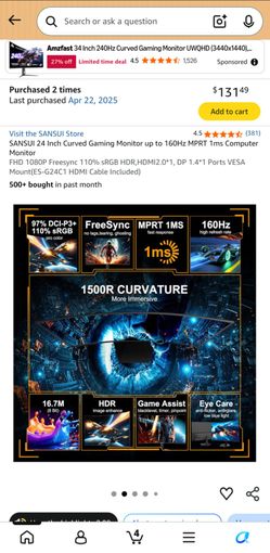 2 Sansui Monitors 180hz 1080p