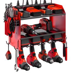 CCCEl Modular Power Tool Organizer Wall Mount with Charging Station. Garage 4 Drill Storage Shelf with Hooks, Screwdriver, Drill Bit Heavy Duty Rack,