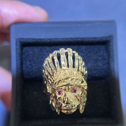 14KT GOLD INDIAN HEAD RING LONG FEATHERS 