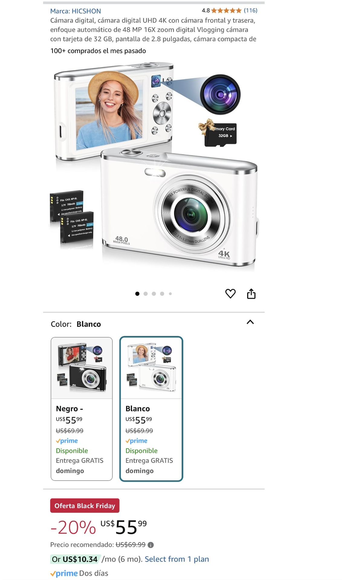 UHD 4K con cámara frontal y trasera, enfoque automático de 48 MP 16X zoom digital Vlogging cámara con tarjeta de 32 GB, pantalla de 2.8 pulgadas. NUEV