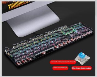 YSCP Teclado Mecánico para Juegos Estilo Máquina de Escribir con Retroiluminación LED Cableado con Interruptor Azul Teclas Redondas Retro Teclado de 1