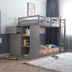 GRAY FINISH TWIN OVER TWIN SIZE BUNK BED LOFT CHEST BOOKCASE - KIDS FURNITURE