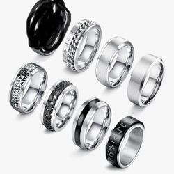 JeryWe 8 Pcs Stainless Steel Rings for Men High Polished Mens Band- Size 7