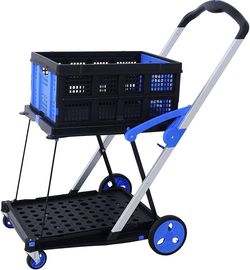 2-Tier Folding Hand Truck Dolly, Multifunction Collapsible Carts with Brake Wheels & Retractable Handle Large Capacity Utility Cart with Storage