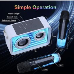 Mini máquina de karaoke para niños y adultos, altavoz Bluetooth portátil con 2 micrófonos inalámbricos y cargador inalámbrico, juguetes con luces, reg